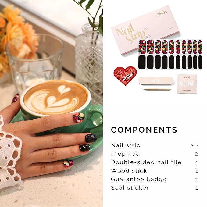 NAILOG Semi Cured Gel Strips - 20 Pcs Nail Stickers | Buy 2 Get 1 UV Light | Extra Long Wraps With Glossy Gel Finishing Black Flowers, Poppy
