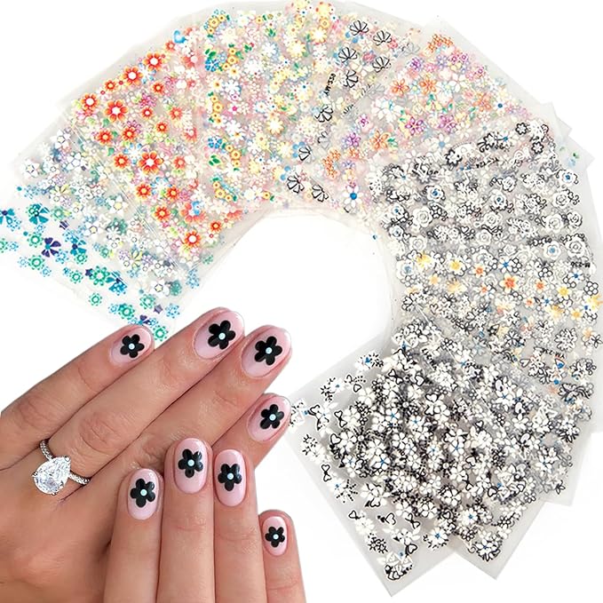 30 Sheets Flower Nail Stickers for Nail Art 3D Self Adhesive Cherry Blossoms Daisy Nail Decals Colorful White Black Designs Summer Flowers Nail Art Stickers for Women DIY Acrylic Manicure Supplies