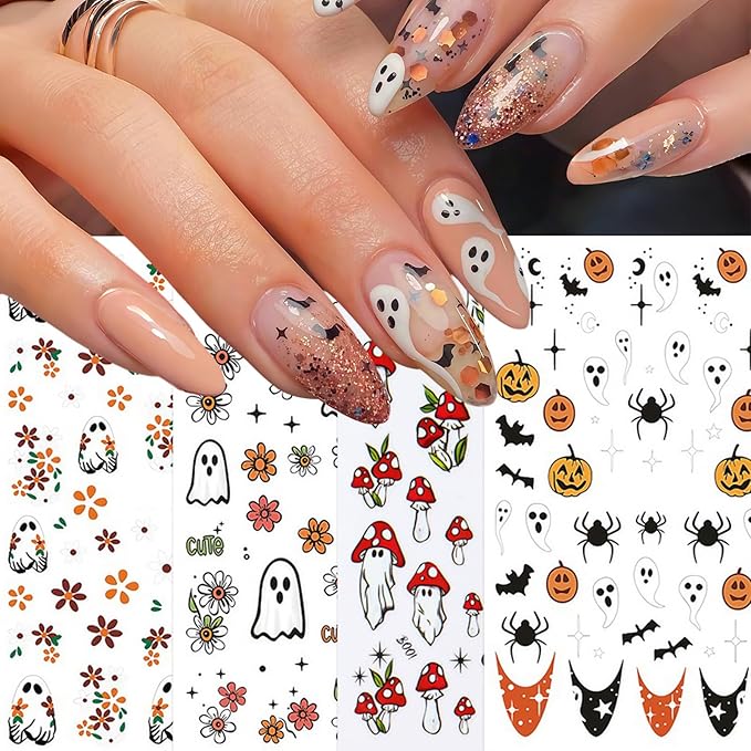 8 Sheets Halloween Nail Stickers Ghost Mushroom Nail Art Stickers Daisy Ghost Nails Decals Pumpkin Spider Colorful Holiday Nail Art Supplies Adhesive Halloween Sticker for Women Nail Art Decorations