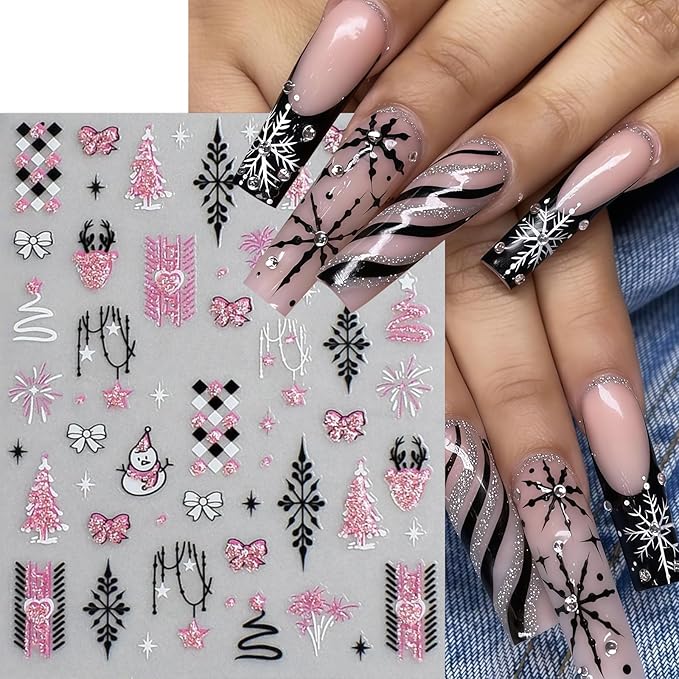 6 Sheets Christmas Nail Art Stickers Snowflake Christmas Tree Nail Decals with Pink Glitter Snowflake Xmas Tree Snowball Elk Snowmen Nail Design Black French Tips Nail Supplies Nail Decor for Women