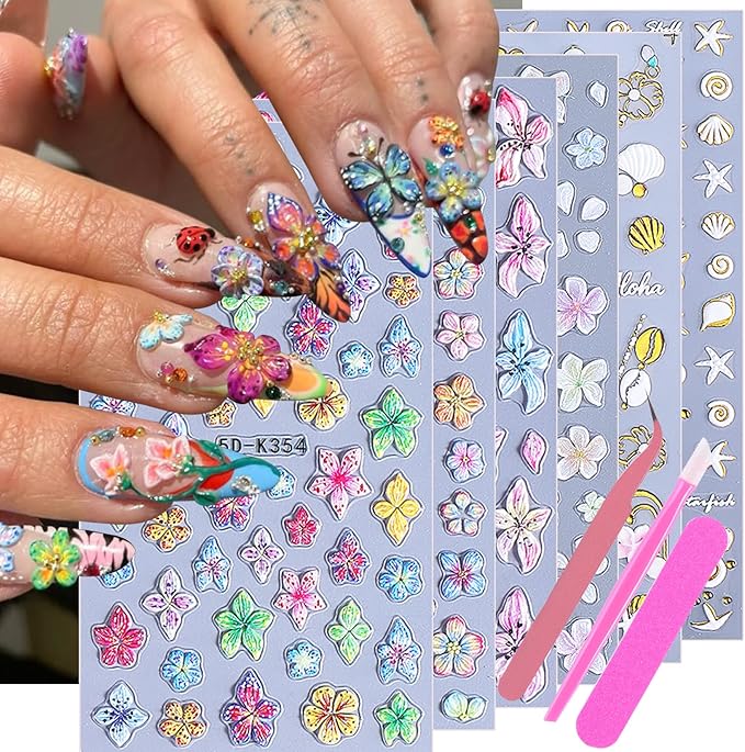 Flower Stickers for Nails Art 6 PCS 5D Hibiscus Nail Decals with 3pcs Tweezers Manicure Tools Colorful Lily Flowers Designs Self-Adhesive Hawaiian Floral Engraved Nail Art Decoration for Women Girls