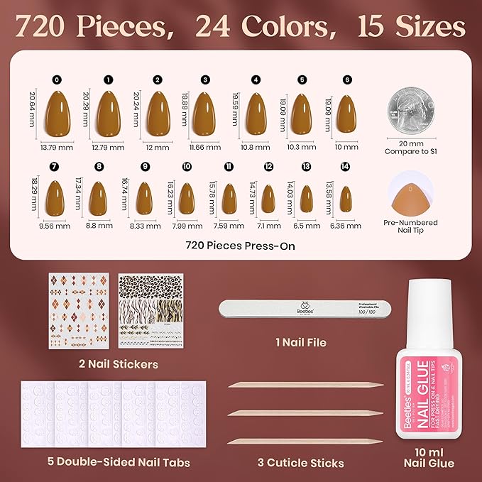 Beetles Press On Nails Kit - Prism Parade | 720Pcs 24 Colors Short Almond Press On Nails | 15 Sizes Matte Glossy Glitter With Nail Glue & Nail Tabs Stickers, Fake Nails Kit Art For Women