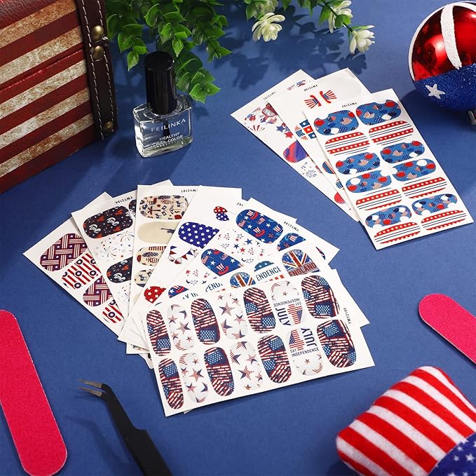 Maitys 140 Pcs 10 Sheets Patriotic Full Wrap Nail Stickers 4th of July Polish Strips Gradient Stickers Memorial Independence Day Glitter Self Adhesive DIY Art Strips with 2 Pcs Nail Files