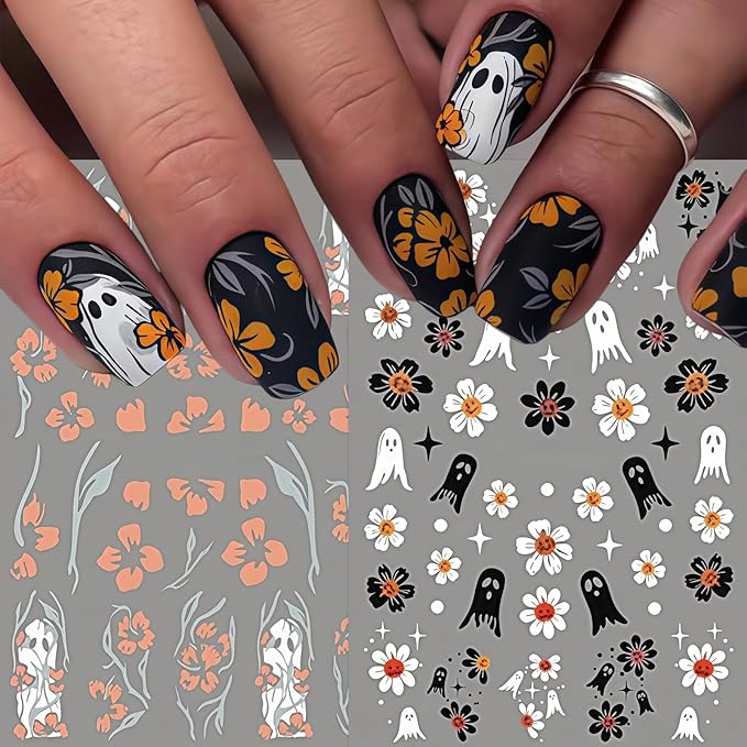 6 Sheets Halloween Nail Art Stickers Cute Pumpkin Flower Ghost Nail Decals 3D Self-Adhesive Hibiscus Ghost Nail Design Nail Supplies White Ghost Pumpkin Nail Decorations for Women DIY Holiday Manicure