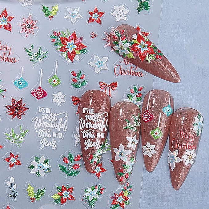 2 Sheets Christmas Nail Stickers for Nail Art 5D Embossed Flower Nail Art Stickers with Snowflake Bow Cherry Leaf Design Winter Nail Decals Nail Art Supplies for Women Acrylic Manicure Decorations