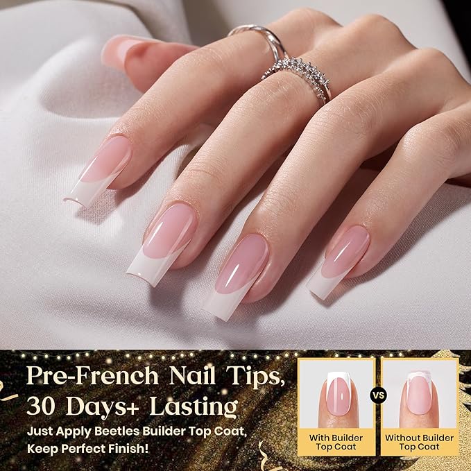 Beetles X Press Plus On Nails Kit - Rose French | Pink Long Square French Tip Press On Nails | 224Pcs 16 Sizes All-in-One Kit With Nail Glue，Remover，Builder Top Coat，Nail Lamp