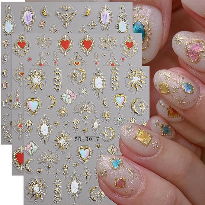3 Sheets Bohemian Style Nail Stickers 5D Embossed Star Nail Art Stickers Self-Adhesive Heart Moon Sun Nail Decals Bohemia Metallic Nail Designs Accessories Stars Nail Decoration for Women Girls DIY