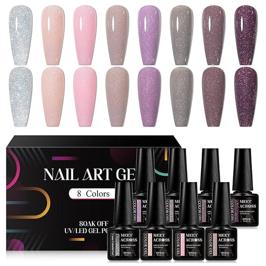 MEET ACROSS Gel Nail Polish Set, 8 Colors Brown Pink Gel Polish Grey Purple Nude Neutral Nail Polish Winter Elegant Nail Art Manicure Kit Soak Uv Gel Gift for Women