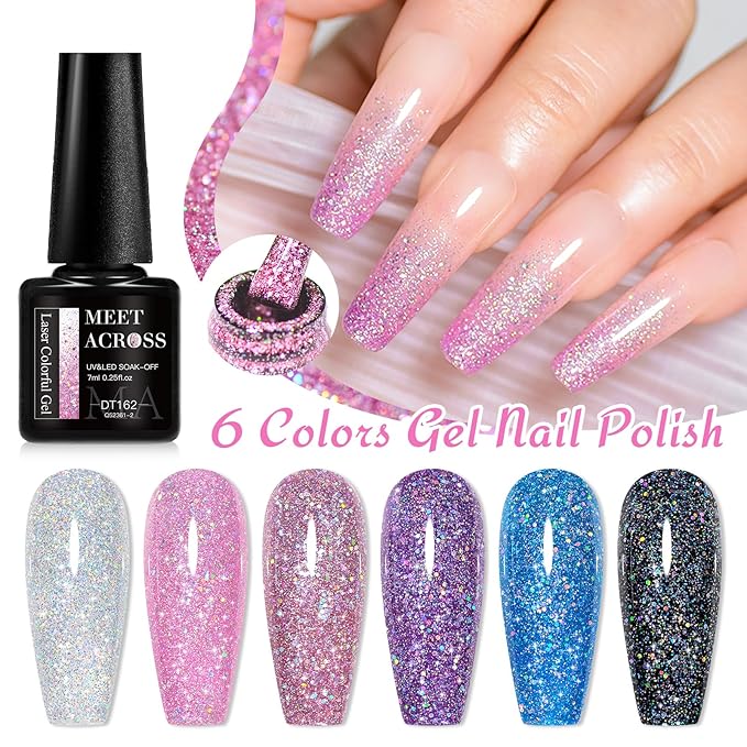 MEET ACROSS Gel Nail Polish Set 6 Pcs Glitter Colors Gel Nail Kit Art Design Soak Off UV LED (SET-5, 6pcs)