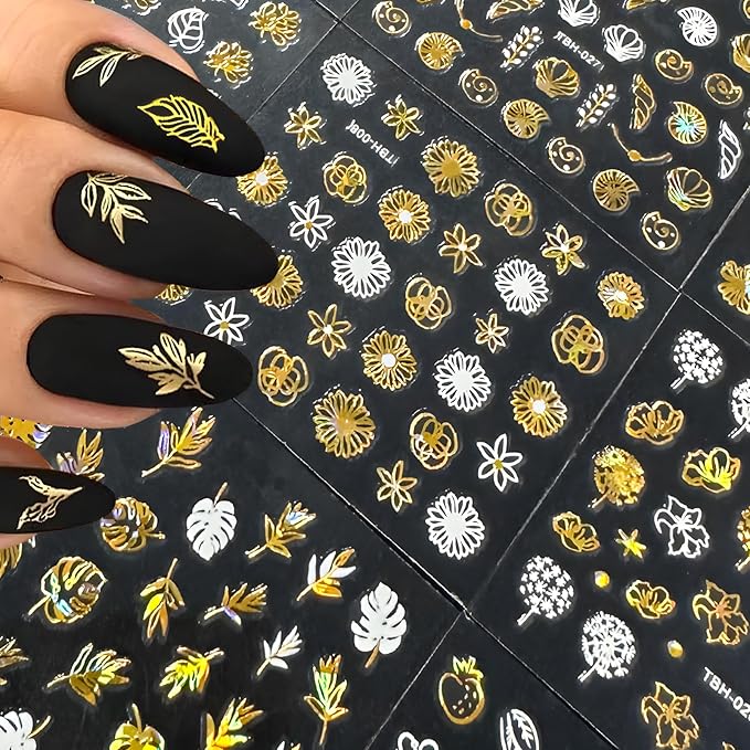 30 Sheets Gold Nail Art Stickers 3D Self Adhesive Star Nail Decals Gold Flower Nail Stickers for Nail Art Heart Snowflake Nail Art Design Decoration Accessories for Women and Girls, Style 2