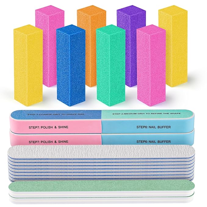 FANDAMEI Nail Buffers and Files, 8PCS Colorful Nail Buffer Block, 8PCS Blue Nail File, 2PCS 7 Way Nail File & 2PCS Nail Polishing Buffer. Professional Nail Care Tools Kit.