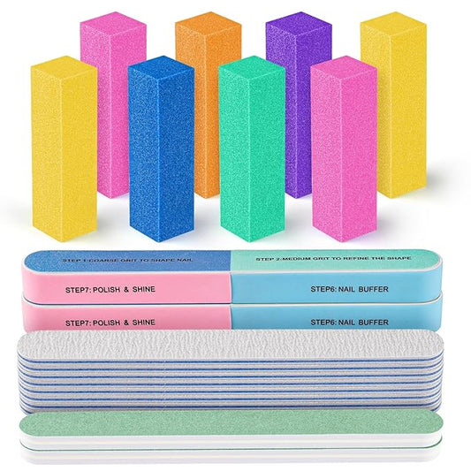FANDAMEI Nail Buffers and Files, 8PCS Colorful Nail Buffer Block, 8PCS Blue Nail File, 2PCS 7 Way Nail File & 2PCS Nail Polishing Buffer. Professional Nail Care Tools Kit.