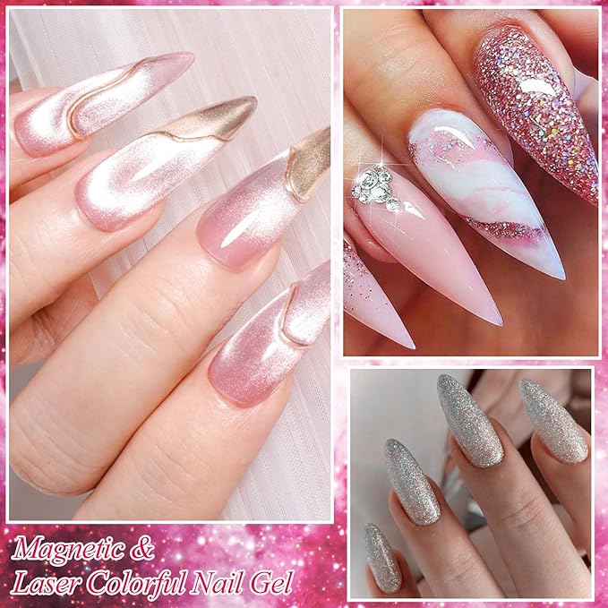 MEET ACROSS 8pcs Gel Nail Polish Set, Soak off UV LED Lamp Gel Nail Polish Cat Eye Set Home Gel Manicure Kit 7ml (Cat Eye + Glitter Gel)