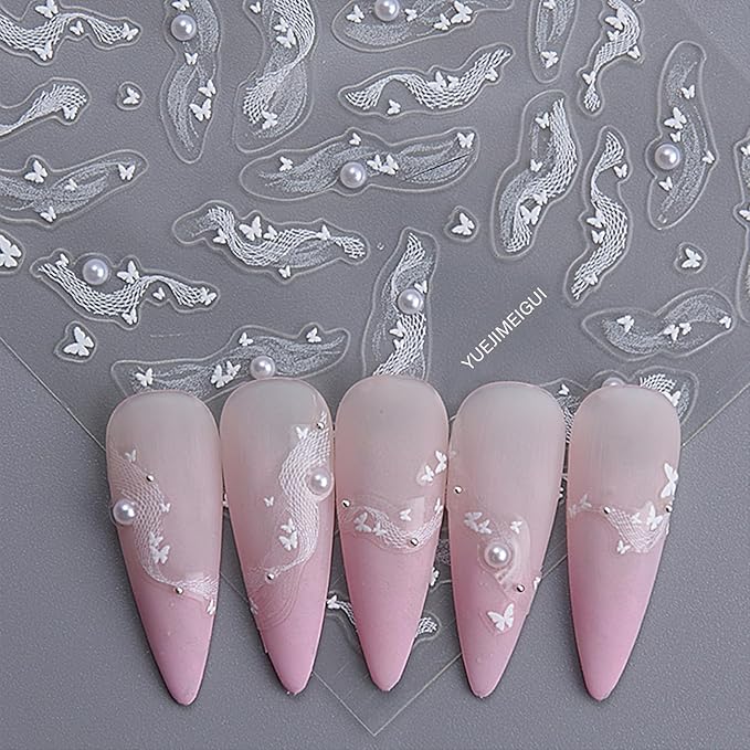 3 Sheets White Bow Ribbon Nail Art Stickers Pearl Lace Rhinestone Embossed Nail Decals Butterfly Pearl Design Self-Adhesive Nail Stickers Women's Nail Art Supplies