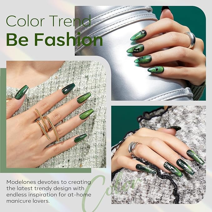 modelones Cat Eye Gel Nail Polish, 15 ML Jelly Glass Green Gel Polish with Magnet Holographic Glitter Shimmer Translucent Sheer Color Magnetic Spring Nail Polish Top Coat Salon DIY at Home