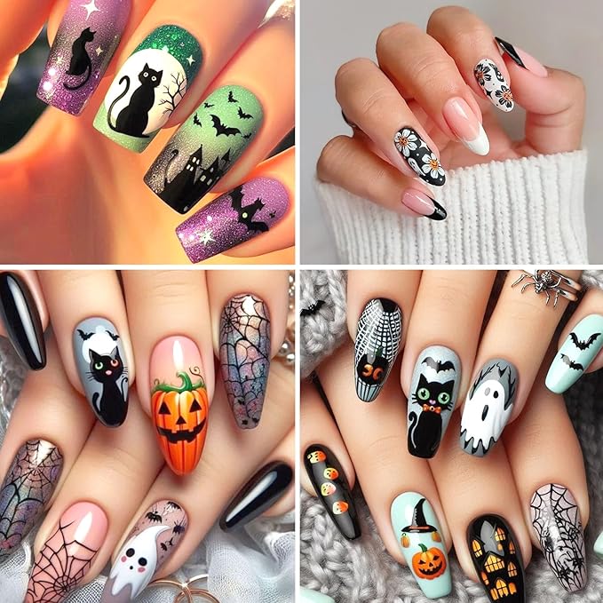 2Sheets Halloween Nail Art Stickers 5D Embossed Black Cat Skull Nail Decals Self-Adhesive Ghost Pumpkin Nail Stickers for Acrylic Nails Spider Web and Spider Nail Decal for Women Nails Decor Supplies