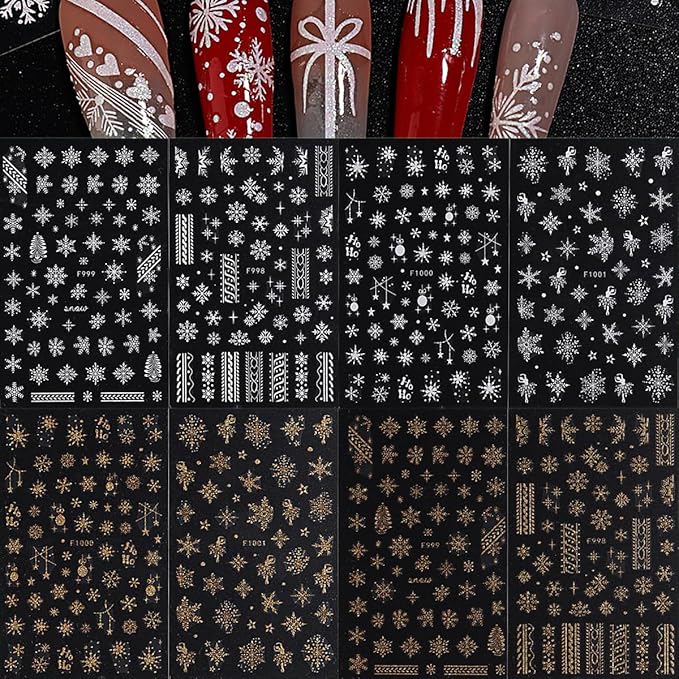 8 Sheets Christmas Snowflake Nail Art Stickers - Gold & White Snowflakes 3D Self-Adhesive Winter Holiday Nail Decals for Women & Girls