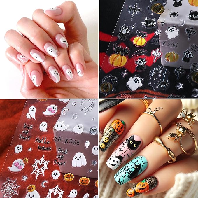 2Sheets Halloween Nail Art Stickers 5D Embossed Black Cat Spider Nail Decals for Acrylic Nails Self-Adhesive Cute Ghost Pumpkin Designs Nail Sticker Spider Web Skull Nail Decal for Women Nails Decor