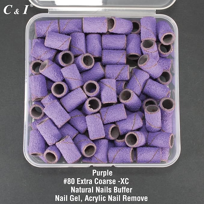 C & I Nail Sanding Bands 100 PCS Plus Upgrade Mandrel 1 PC, Nail Drill Bits for Acrylic Gel Nails Remove, Natural Nails Buffer for Nail Prep and Nail Shiner (Purple, #80 Extra Coarse)
