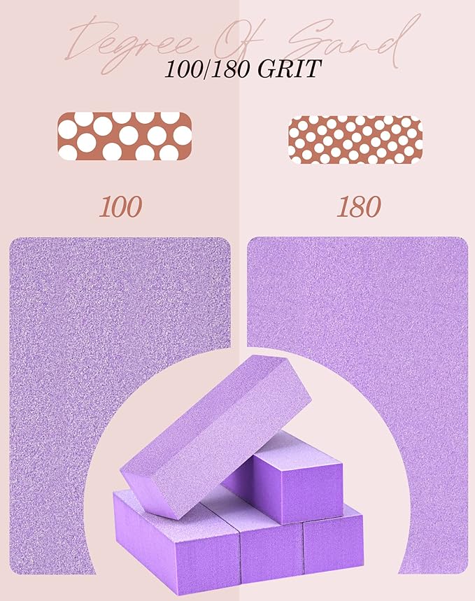Maryton Nail Buffer Block, Medium/Fine Grit 100/180 Finishing Buffers for Acrylic Nails Gel Polish Nails, 3 Way Professional Pedicure Manicure Buffer Kits, 5 Count (Purple)