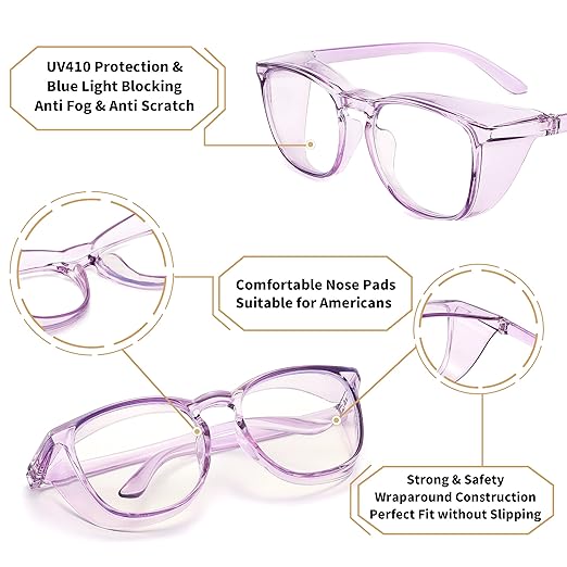 Alsenor Safety Glasses Anti Fog Goggles Protective Eyewear Blue Light Blocking Anti Dust UV Protection Glasses For Men Women (2 Pack (Lilac + Jade))