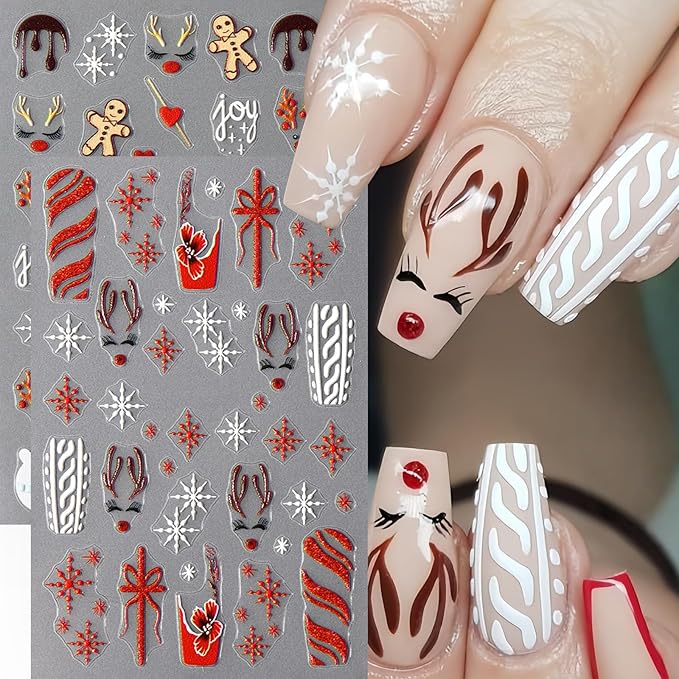 8Pcs Christmas Nail Stickers 5D Embossed Nail Decals Glitter Xmas Candy French Snowflake Gift Bow Elk Bear Nail Design Christmas Gingerbread Man Nails Supplies for Women Winter Holiday Manicure DIY