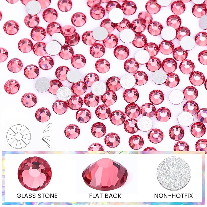 Non Hotfix Flatback Rhinestones for Crafts, Glass Nail Gems, Crystals for Makeup Bags, Shoes Decoration DIY (SS10, 1440pcs, Rose)
