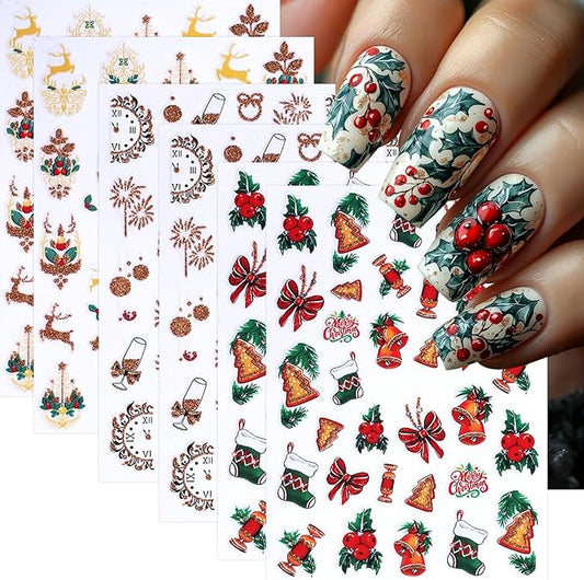 6 Sheets Christmas Bell Holly Leaf Nail Art Stickers 3D Clock Glitter Firework Design Nail Decals Xmas Tree Bow Nail Design Santa Claus Elk Nail Supplies for New Year Holiday Nail Art Decorations