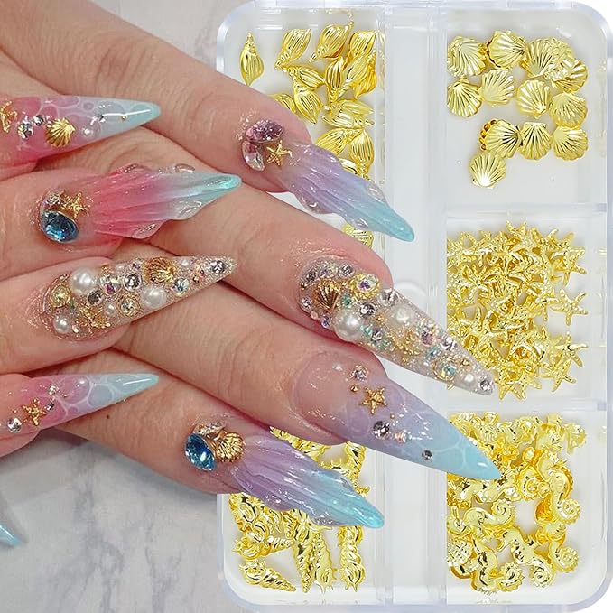 6 Grids Summer Ocean Metal Nail Art Charms 3D Beach Gold Seashell Starfish Nail Charms for Acrylic Nails Sparkling Golden Seahorse Conch Nail Art Jewelry for Women Manicure Decoration Accessory