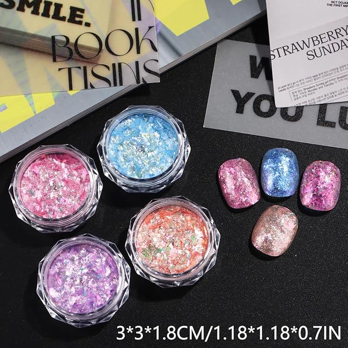 4 Jars Mermaid Flake Nail Glitter Sequins, Holographic Opal Powder, Iridescent Ice Crystal Mermaid Nail Art Pigment Sparkly Glitter for DIY Manicure Decorations