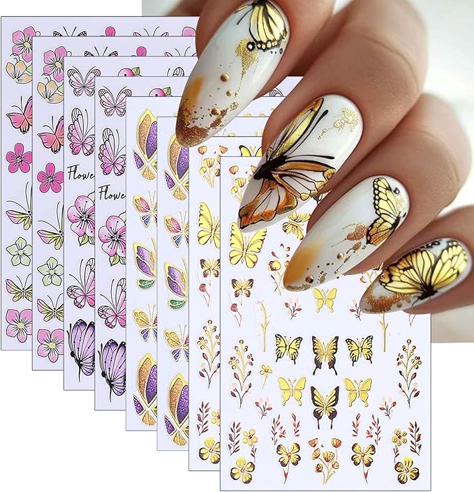 8 Sheets Gold Edge Butterfly Nail Stickers 3D Self Adhesive Holographic Colorful Butterfly Cherry Blossoms Decals Spring Glitter Gold Flower Design Supplies for Women Girls Manicure Decoration