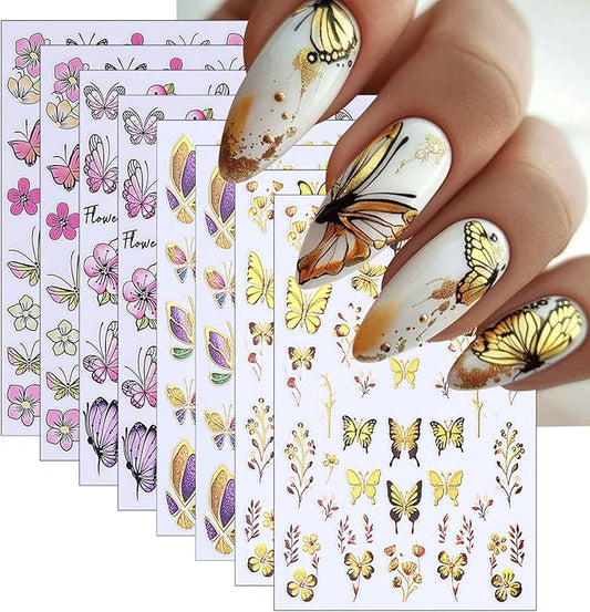 8 Sheets Gold Edge Butterfly Nail Stickers 3D Self Adhesive Holographic Colorful Butterfly Cherry Blossoms Decals Spring Glitter Gold Flower Design Supplies for Women Girls Manicure Decoration