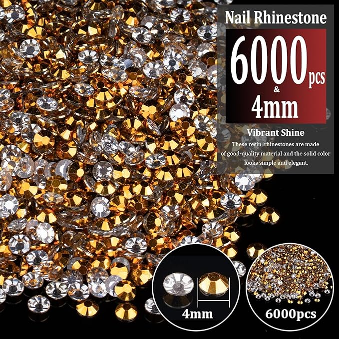 6000pcs 4mm Resin Rhinestones Bulk, Mineral Gold Flatback Round Jelly Rhinestones Bedazzling Non Hotfix Crystal Gems Large Quantity Wholesale for DIY Crafts Clothes Tumblers Face Makeup Manicure