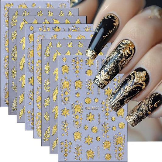 8 Sheets Gold Leaf Nail Stickers Autumn Leaves Nail Decals 3D Thanksgiving Design Fall Nail Art Stickers Gold Flower Vines Snowflake Nail Decoration Accessories for Women DIY Acrylic Nails Salon