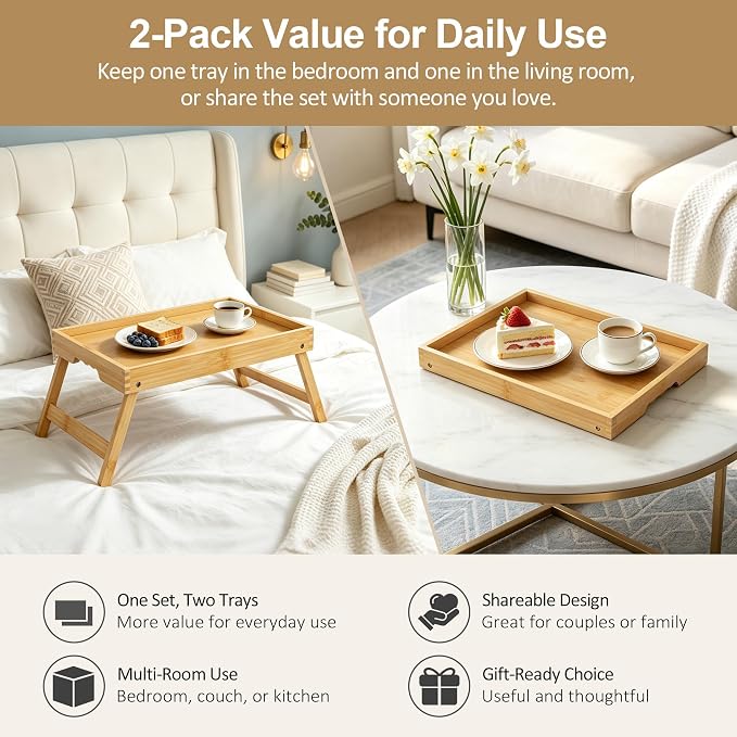 2 Pack Bamboo Bed Tray Tables - Image 3