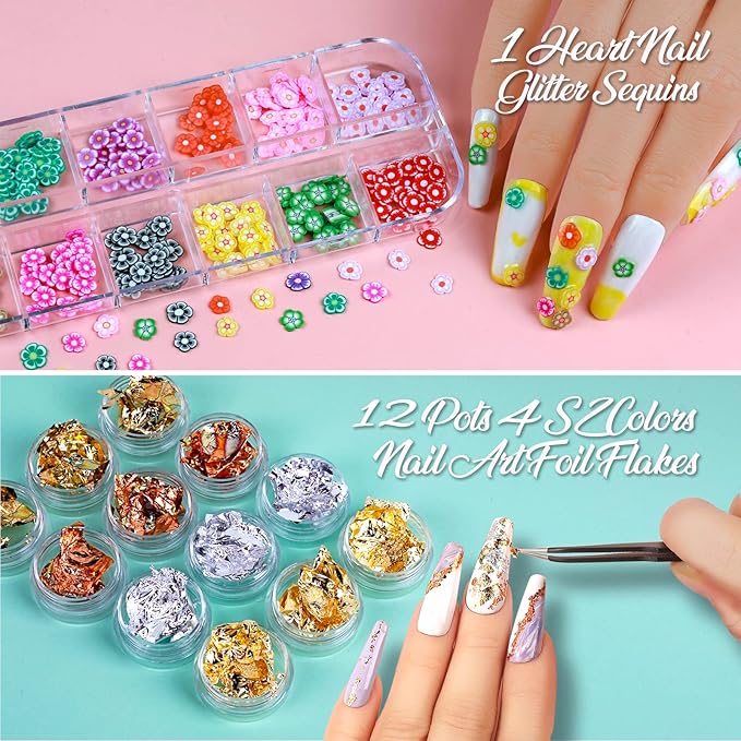 Nail Art Sticker, 12 Sheets Nail Art Stickers Flower Nail Stickers Decal 3D Self-Adhesive, Teenitor Nail Art Decoration with Nail Glitter Butterfly Sequins Nail Foils Nail Flower Slices