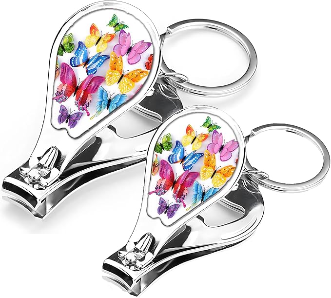 Nail Clipper Set with Keychain 2 Pack Toenail Clippers with Jar Opener Multifunction Nail Cutter for Men-Dorm Room Essentials,Gift for Thanksgiving,Halloween,Travel Essentials(Butterfly)
