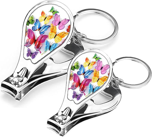 Nail Clipper Set with Keychain 2 Pack Toenail Clippers with Jar Opener Multifunction Nail Cutter for Men-Dorm Room Essentials,Gift for Thanksgiving,Halloween,Travel Essentials(Butterfly)