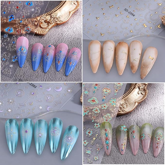 4 Sheets Embossed Nail Decals for Nail Art 5D Gems Designs Nail Art Stickers Purple Moon Star Nail Stickers Self-Adhesive Gold Chain Butterfly Nails Decal for Women DIY Manicure Decors