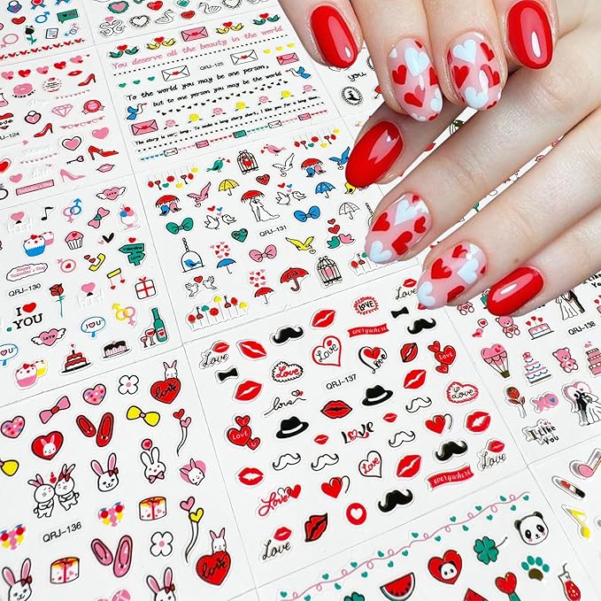 30 Sheets Valentine's Day Nail Art Stickers Red Heart Sticker Decals 3D Self-Adhesive Nail Supplies Lips Heart Letters Love Kiss Rose Flower Designs Sticker for Women Acrylic Nails Decorations