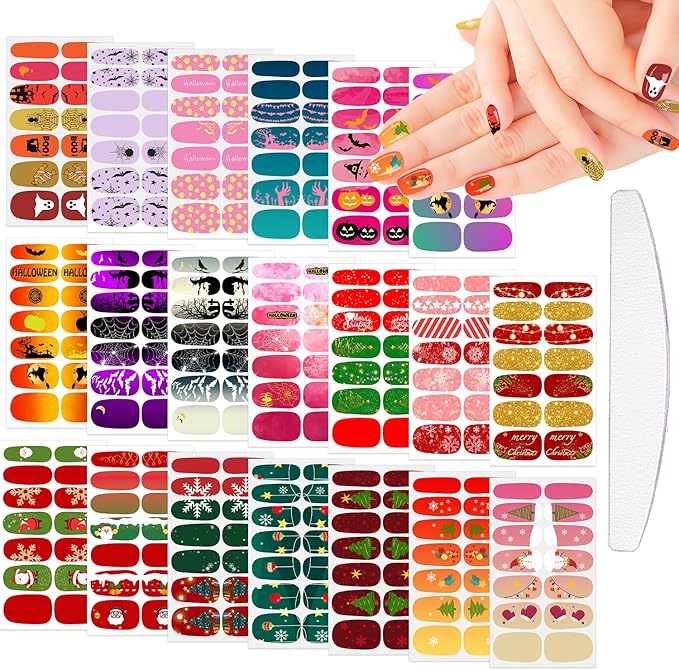 20 Sheets Chrismas Halloween Nail Polish Strips Spider Cobweb Bat Jack-o'-Lantern Snowflake Santa Claus Christmas Tree Self-Adhesive Holiday Nail Stickers Full Wraps for Women Manicure