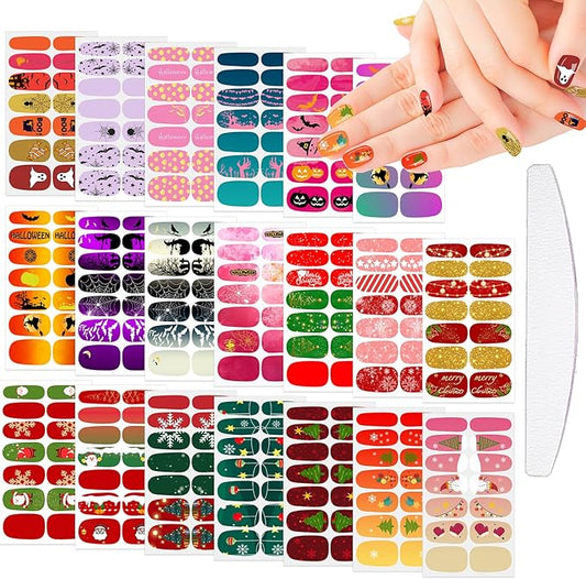 20 Sheets Chrismas Halloween Nail Polish Strips Spider Cobweb Bat Jack-o'-Lantern Snowflake Santa Claus Christmas Tree Self-Adhesive Holiday Nail Stickers Full Wraps for Women Manicure