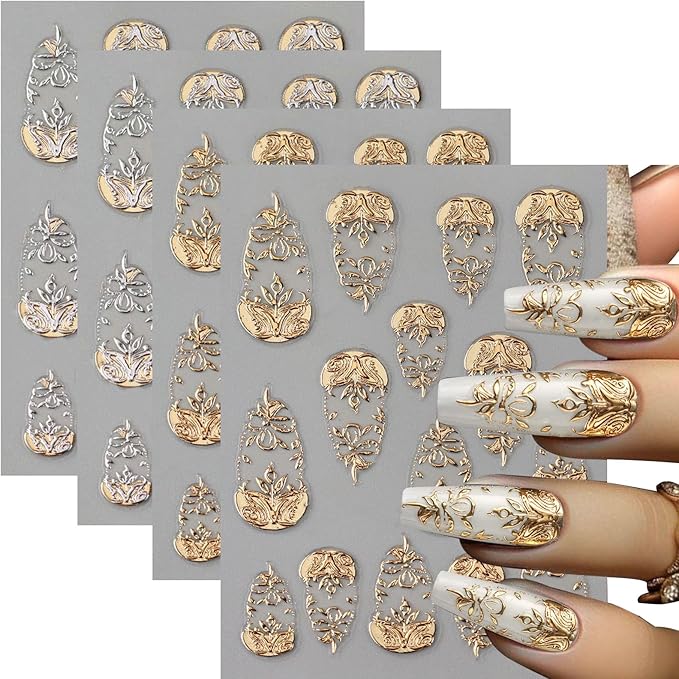 4 Sheets Gold Flower Nail Art Stickers, 5D Embossed Acrylic Decals French Carving Floral Heart Tree Self-Adhesive Nail Art Supplies for Women Girls Designs DIY Manicure Decoration