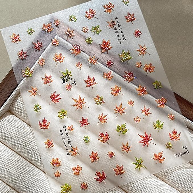 2 Sheets Thanksgiving Nail Stickers for Nails Art Autumn Maple Leaf Nail Decals 5D Self-Adhesive Red Gold White Embossed Maple Leaves Nail Supplies Fall Leaf Shiny Manicure Accessories for Women DIY