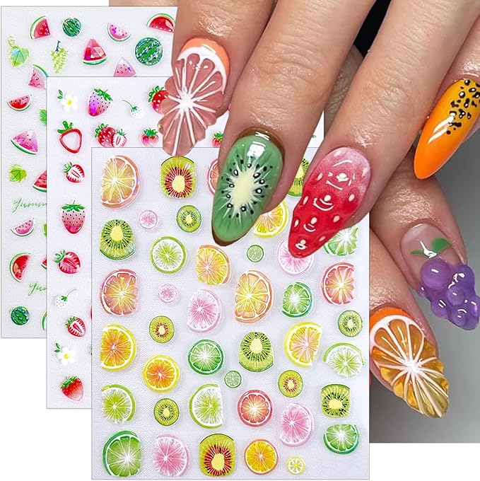 3 Sheets Summer Fruit Nail Stickers for Nail Art 5d Self-Adhesive Cute Flower Strawberry Nail Decals with Laser Designs Watermelon Grapes Nail Art Sticker Kiwi Lemon Nail Decal for Women Nails Supply