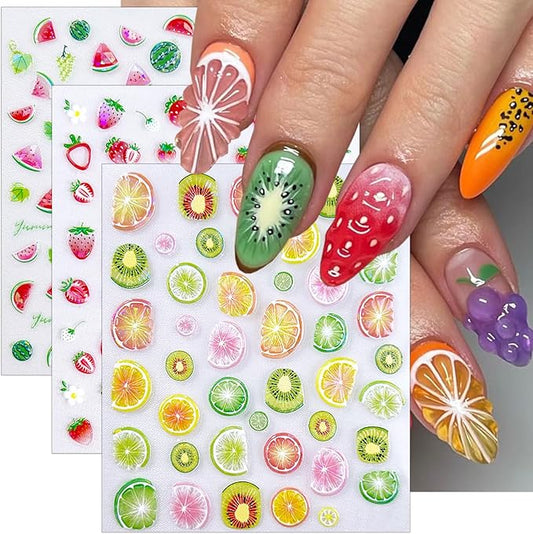 3 Sheets Summer Fruit Nail Stickers for Nail Art 5d Self-Adhesive Cute Flower Strawberry Nail Decals with Laser Designs Watermelon Grapes Nail Art Sticker Kiwi Lemon Nail Decal for Women Nails Supply