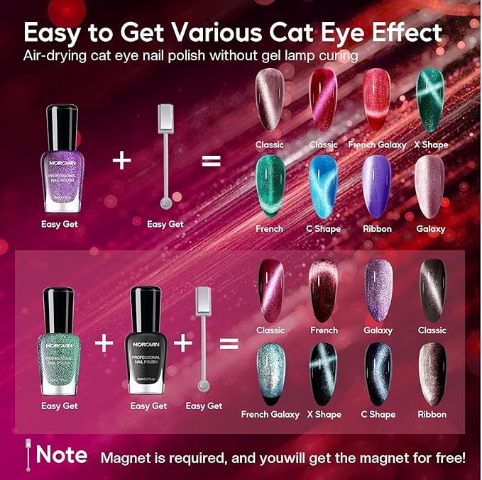 Morovan Magnetic Nail Polish Set：Cat Eye Glitter Red Green Purple Blue Nail Polish Kit Shimmer Quick Dry Nail Polish Bulk for Women Nail Art Manicure Salon Gift Holiday Party