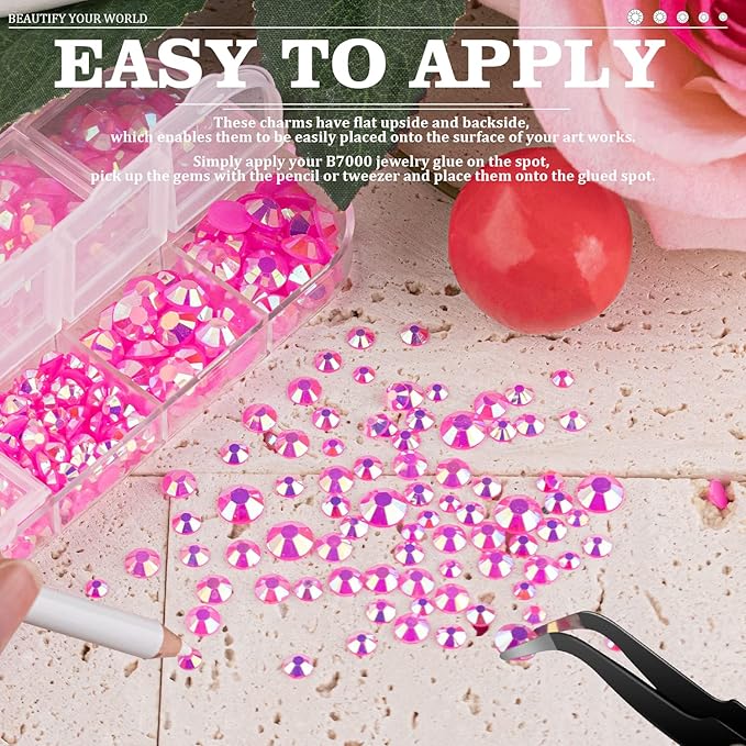 7000PCS Resin Rhinestones with Tweezers for Crafting, 2/3/4/5/6mm Flatback Jelly Rhinestones, 4 Box Hot Pink AB Non Hotfix Crystal Gems for DIY Crafts Mugs Tumblers Clothes Makeup Nail