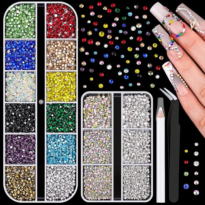 5400Pcs Glass Crystal Small Rhinestones for Nail Art, Tiny AB Clear Colorful Rhinestone Flatback Bedazzling Gems, Nail Rhinestones and Gems Crystals Charms for Acrylic Tips Manicure Decor