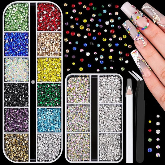 5400Pcs Glass Crystal Small Rhinestones for Nail Art, Tiny AB Clear Colorful Rhinestone Flatback Bedazzling Gems, Nail Rhinestones and Gems Crystals Charms for Acrylic Tips Manicure Decor